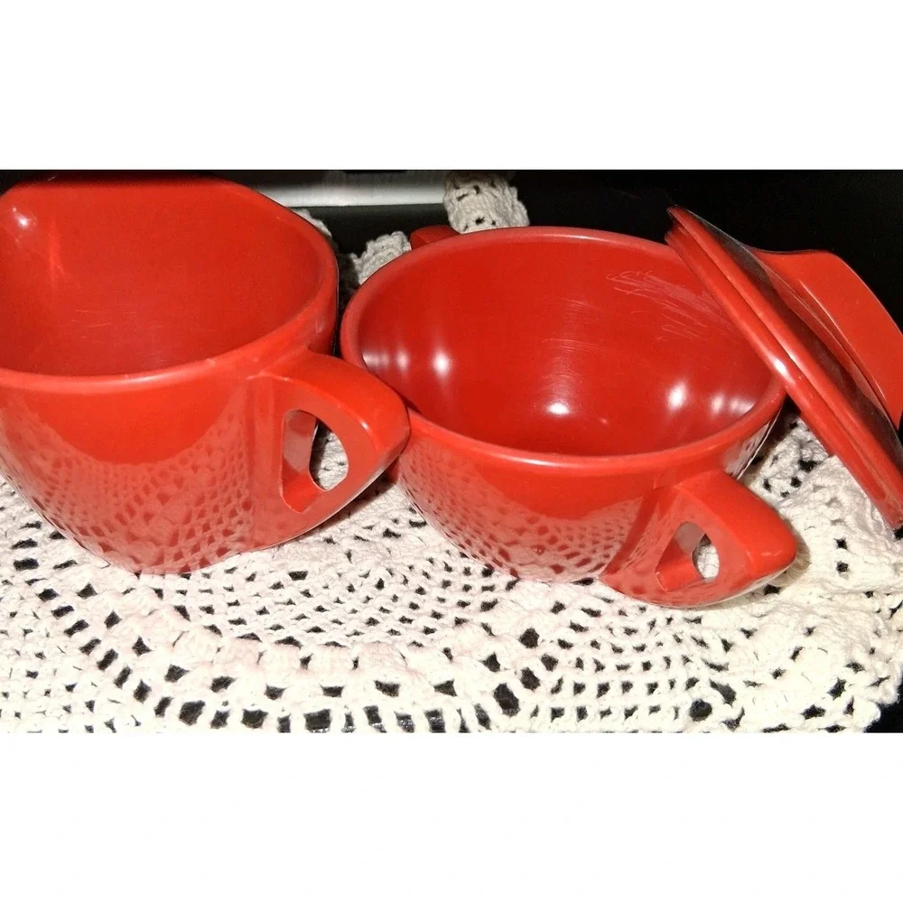 Mid Century Modern Red Melamine  Sugar Bowl and Creamer Set Made By Prolon Ware
